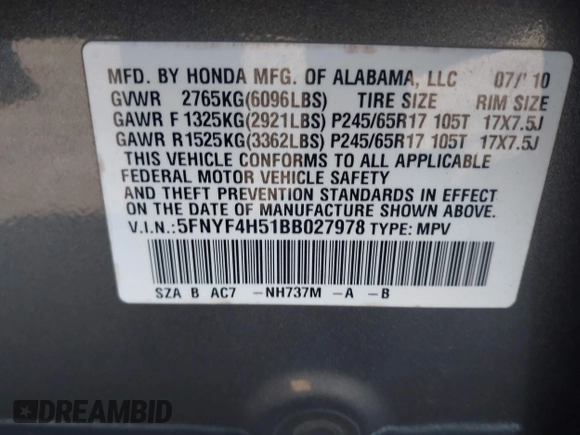 2011 Honda Pilot EX-L with VIN 5FNYF4H51BB027978, listed as a IAAI auction lot 41721429 with 111,281 mi miles. Bid and sale history available at carsss.com. Image 9.
