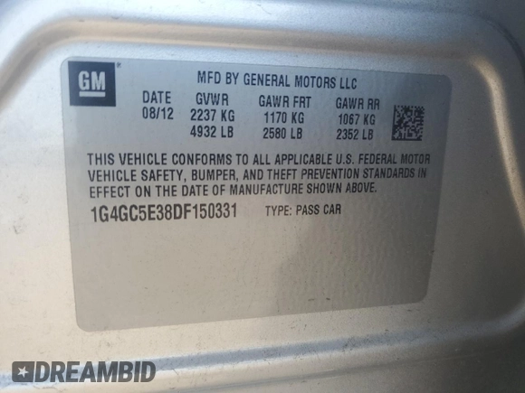 2013 Buick LaCrosse Leather with VIN 1G4GC5E38DF150331, listed as a Copart auction lot 71027754 with 126,874 mi miles and Salvage Title. Bid and sale history available at DreamBid. Image 14.