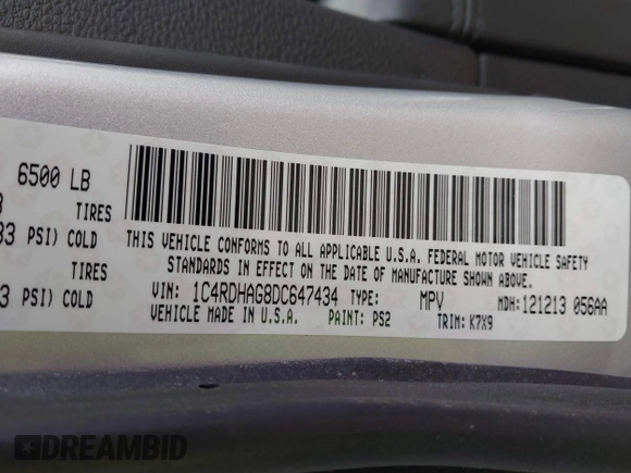 2013 Dodge Durango SXT with VIN 1C4RDHAG8DC647434, listed as a IAAI auction lot 42368085 with 77,533 mi miles and . Bid and sale history available at DreamBid. Image 9.
