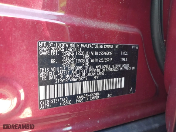 2022 Toyota RAV4 XLE with VIN 2T3W1RFV9NW186218, listed as a IAAI auction lot 41656275 with 27,400 mi miles. Bid and sale history available at carsss.com. Image 9.