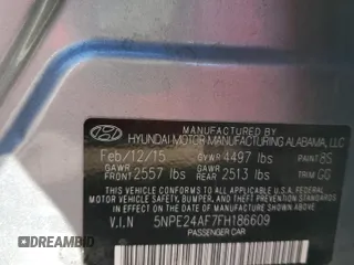 2015 Hyundai Sonata 2.4L SE with VIN 5NPE24AF7FH186609, listed as a Copart auction lot 46328055 with Not Provided miles and Salvage Title. Bid and sale history available at carsss.com. Image 12.