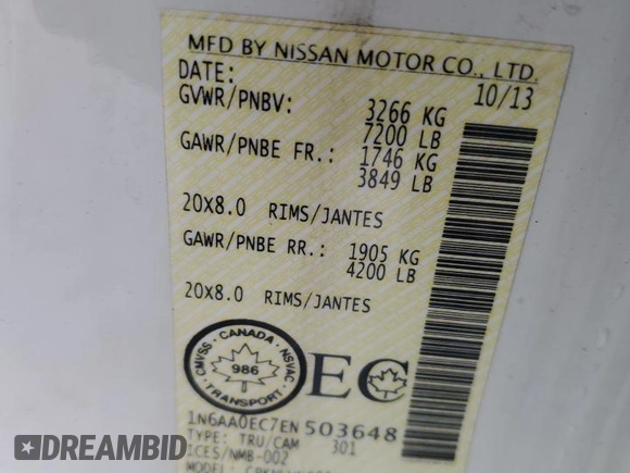 2014 Nissan Titan S with VIN 1N6AA0EC7EN503648, listed as a Copart auction lot 86517824 with 82,556 mi miles and Salvage Title. Bid and sale history available at DreamBid. Image 12.