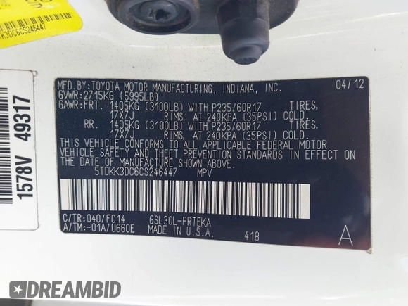 2012 Toyota Sienna LE AAS with VIN 5TDKK3DC6CS246447, listed as a IAAI auction lot 41949894 with 184,656 mi miles and . Bid and sale history available at DreamBid. Image 9.