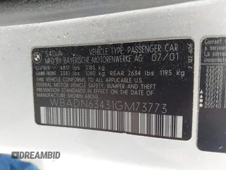 2001 BMW 5 Series 540i with VIN WBADN63431GM73773, listed as a IAAI auction lot 42200073 with 143,843 mi miles and . Bid and sale history available at DreamBid. Image 9.