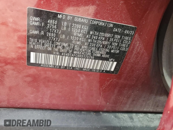 2024 Subaru Outback Premium с VIN 4S4BTAFC6R3170796, выставлен на аукционе Copart как лот 57801415 с пробегом 22 106 миль миль и Списание • Salvage title. История ставок и продаж доступна на DreamBid. Изображение 12.