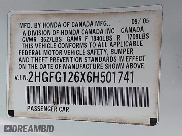 2006 Honda Civic Cpe LX with VIN 2HGFG126X6H501741, listed as a IAAI auction lot 41717607 with 86,030 mi miles. Bid and sale history available at carsss.com. Image 9.