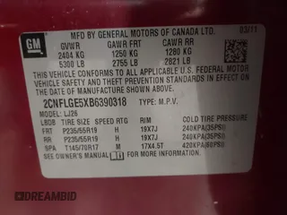 2011 Chevrolet Equinox LTZ with VIN 2CNFLGE5XB6390318, listed as a IAAI auction lot 42044394 with 151,745 mi miles and . Bid and sale history available at DreamBid. Image 9.