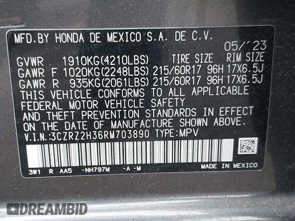 2024 Honda HR-V LX z VIN 3CZRZ2H36RM703890, wystawiony jako IAAI lot #41737489 z przebiegiem 21 789 mil mil oraz . Historia ofert i sprzedaży dostępna na DreamBid. Obrazek 9.