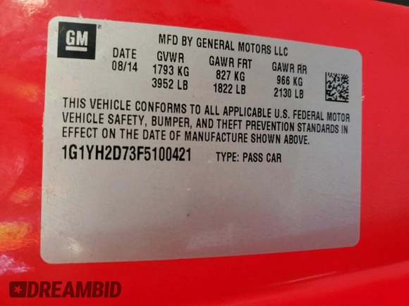 2015 Chevrolet Corvette Z51 1LT with VIN 1G1YH2D73F5100421, listed as a Copart auction lot 41861925 with 0 mi miles and Salvage Title. Bid and sale history available at carsss.com. Image 12.