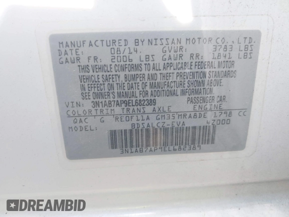 2014 Nissan Sentra S with VIN 3N1AB7AP9EL682389, listed as a IAAI auction lot 41881617 with 88,656 mi miles and . Bid and sale history available at DreamBid. Image 9.
