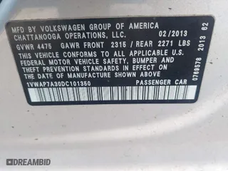 2013 Volkswagen Passat S with VIN 1VWAP7A30DC101350, listed as a IAAI auction lot 41846928 with 307,166 mi miles. Bid and sale history available at carsss.com. Image 9.