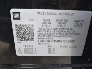 2021 Chevrolet Traverse LT Cloth with VIN 1GNERGKW0MJ252800, listed as a IAAI auction lot 41552699 with 39,413 mi miles. Bid and sale history available at carsss.com. Image 9.