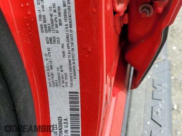 2022 Ram 1500 Big Horn with VIN 1C6SRFFT5NN308429, listed as a Copart auction lot 50286645 with 49,221 mi miles and Salvage title. Bid and sale history available at DreamBid. Image 12.