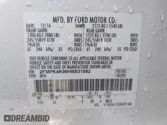 2017 Ford Edge Titanium with VIN 2FMPK4K98HBB31582, listed as a IAAI auction lot 41752885 with 119,196 mi miles. Bid and sale history available at carsss.com. Image 9.