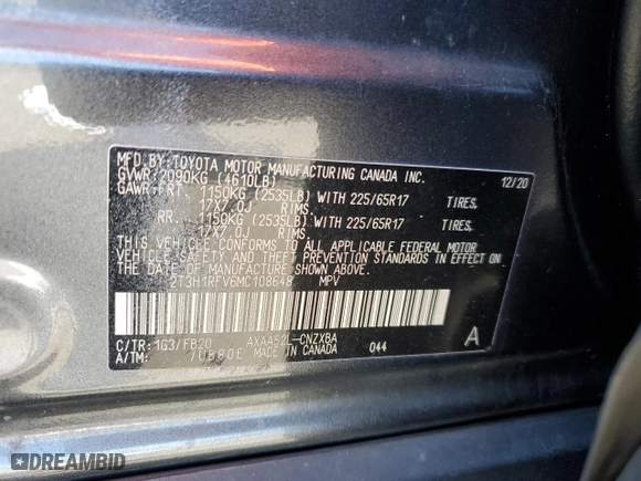 2021 Toyota RAV4 LE with VIN 2T3H1RFV6MC108648, listed as a Copart auction lot 49971865 with 144,273 mi miles and Salvage Title. Bid and sale history available at carsss.com. Image 15.
