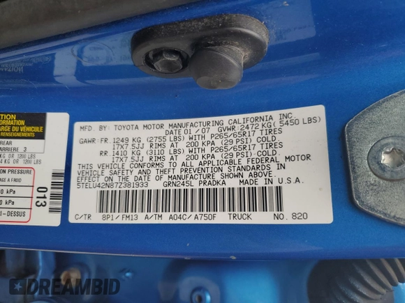2007 Toyota Tacoma with VIN 5TELU42N87Z381933, listed as a Copart auction lot 45102465 with 140,696 mi miles and Salvage Title. Bid and sale history available at DreamBid. Image 13.