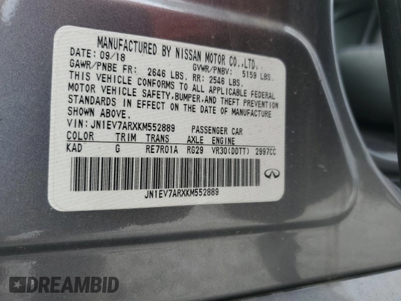 2019 Infiniti Q50 Luxe с VIN JN1EV7ARXKM552889, выставлен на аукционе Copart как лот 60649415 с пробегом 58 128 миль миль и Списание • Salvage title. История ставок и продаж доступна на DreamBid. Изображение 12.