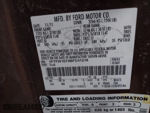 2011 Ford F-150 XL with VIN 1FTFW1EF9BFD31218, listed as a IAAI auction lot 41446070 with 174,881 mi miles. Bid and sale history available at carsss.com. Image 9.