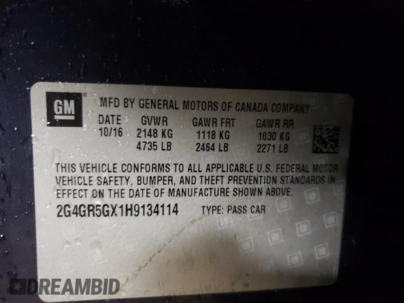 2017 Buick Regal Premium II with VIN 2G4GR5GX1H9134114, listed as a Copart auction lot 84557774 with 69,349 mi miles and Salvage Title. Bid and sale history available at carsss.com. Image 12.