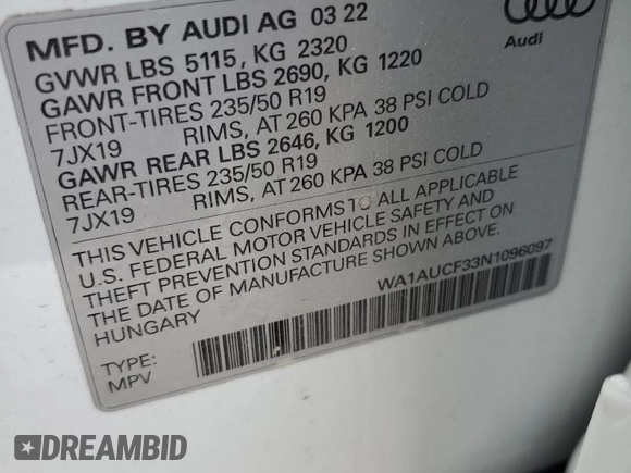 2022 Audi Q3 Premium with VIN WA1AUCF33N1096097, listed as a Copart auction lot 47819003 with 6,838 mi miles. Bid and sale history available at carsss.com. Image 13.