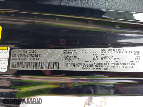 2021 Jeep Gladiator Freedom с VIN 1C6HJTAG7ML542804, выставлен на аукционе IAAI как лот 42146884 с пробегом 98 458 миль миль и . История ставок и продаж доступна на DreamBid. Изображение 9.