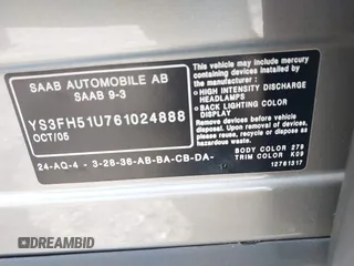 2006 Saab 9-3 z VIN YS3FH51U761024888, wystawiony jako IAAI lot #42457438 z przebiegiem 126 701 mil mil oraz . Historia ofert i sprzedaży dostępna na DreamBid. Obrazek 9.