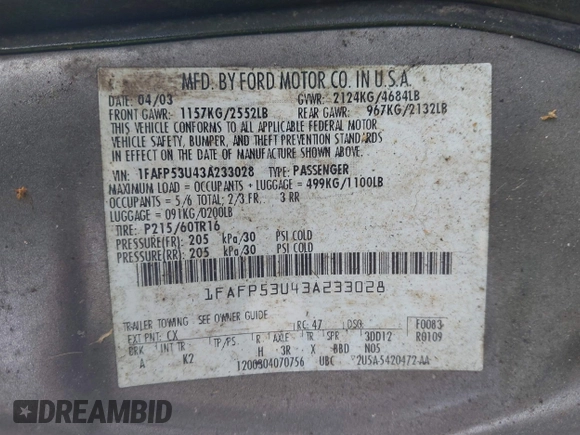 2003 Ford Taurus SE Standard with VIN 1FAFP53U43A233028, listed as a IAAI auction lot 42624211 with 65,364 mi miles and . Bid and sale history available at DreamBid. Image 9.