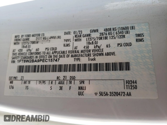 2023 Ford F-250 XL z VIN 1FT8W2BA9PEC15747, wystawiony jako Copart lot #65124184 z przebiegiem 39 939 mil mil oraz Szkoda całkowita • Salvage title. Historia ofert i sprzedaży dostępna na DreamBid. Obrazek 12.