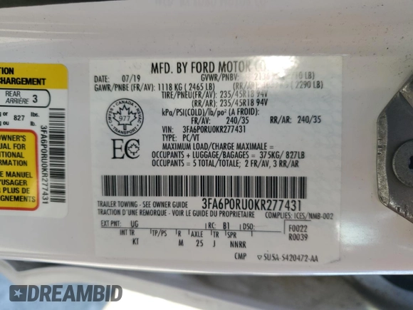 2019 Ford Fusion Hybrid Titanium with VIN 3FA6P0RU0KR277431, listed as a Copart auction lot 48234545 with 87,043 mi miles and Salvage Title. Bid and sale history available at carsss.com. Image 12.