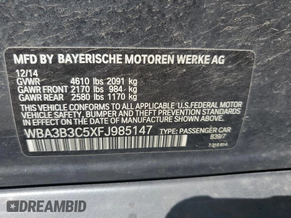 2015 BMW 3 Series 328i xDrive with VIN WBA3B3C5XFJ985147, listed as a Copart auction lot 59819905 with 113,492 mi miles and Salvage title. Bid and sale history available at DreamBid. Image 12.