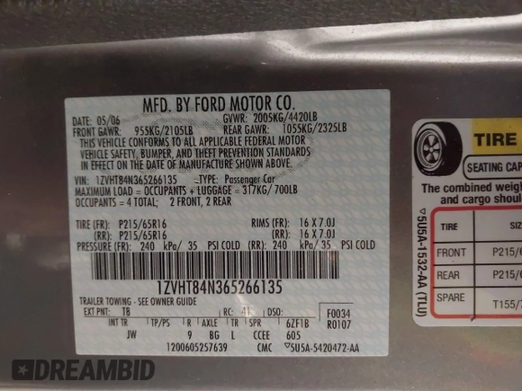 2006 Ford Mustang Standard with VIN 1ZVHT84N365266135, listed as a IAAI auction lot 41751256 with 135,621 mi miles and . Bid and sale history available at carsss.com. Image 9.