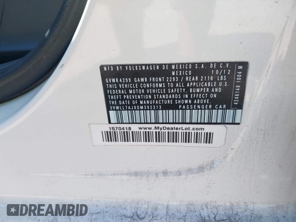 2013 Volkswagen Jetta TDI w/Premium/Nav with VIN 3VWLL7AJXDM392313, listed as a IAAI auction lot 42370151 with 98,618 mi miles and . Bid and sale history available at DreamBid. Image 9.