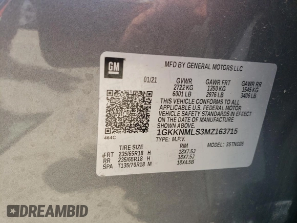 2021 GMC Acadia SLT with VIN 1GKKNMLS3MZ163715, listed as a Copart auction lot 61997755 with 75,247 mi miles and Salvage title. Bid and sale history available at DreamBid. Image 12.