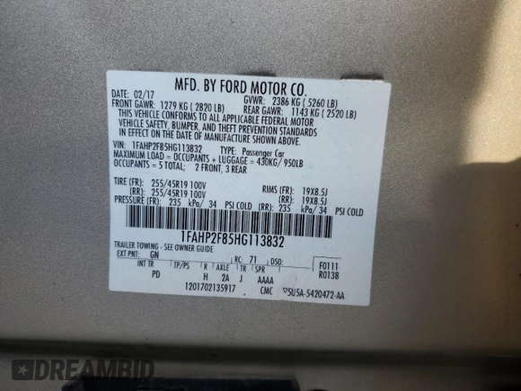 2017 Ford Taurus Limited with VIN 1FAHP2F85HG113832, listed as a Copart auction lot 78869994 with 46,295 mi miles and Salvage Title. Bid and sale history available at DreamBid. Image 12.
