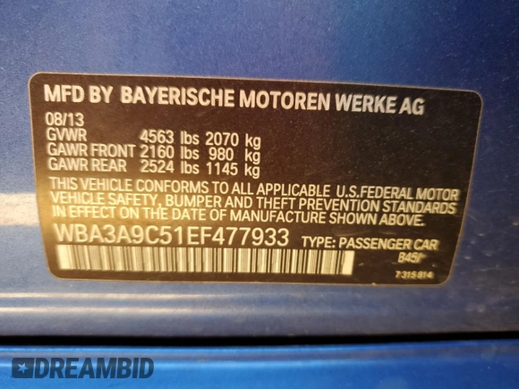 2014 BMW 3 Series 335i with VIN WBA3A9C51EF477933, listed as a Copart auction lot 80443554 with 53,927 mi miles and Salvage Title. Bid and sale history available at carsss.com. Image 12.