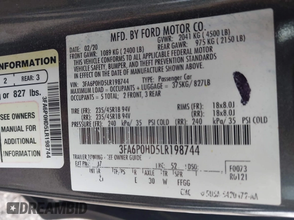 2020 Ford Fusion SE z VIN 3FA6P0HD5LR198744, wystawiony jako IAAI lot #42177820 z przebiegiem 97 520 mil mil oraz . Historia ofert i sprzedaży dostępna na DreamBid. Obrazek 9.