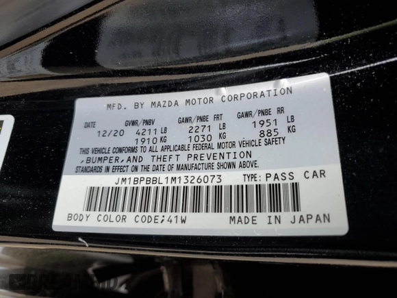 2021 Mazda 3 Select with VIN JM1BPBBL1M1326073, listed as a Copart auction lot 57518645 with 78,299 mi miles and Salvage title. Bid and sale history available at DreamBid. Image 12.