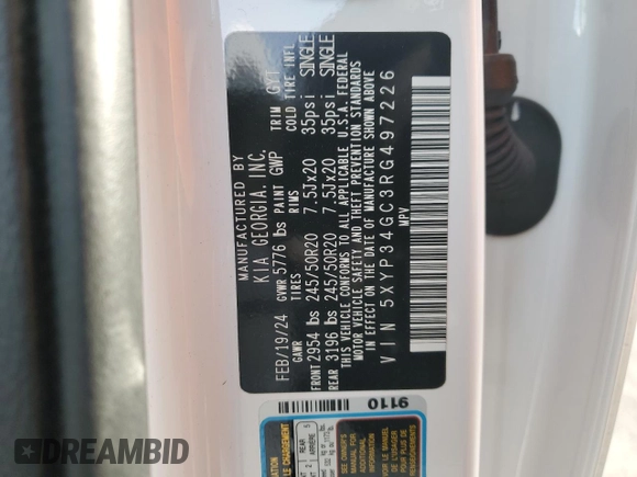 2024 Kia Telluride EX with VIN 5XYP34GC3RG497226, listed as a Copart auction lot 88254825 with 12,110 mi miles and Salvage Title. Bid and sale history available at DreamBid. Image 14.