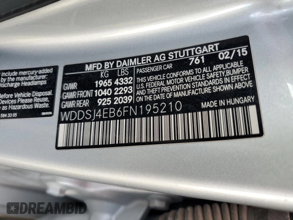 2015 Mercedes-Benz CLA 250 with VIN WDDSJ4EB6FN195210, listed as a Copart auction lot 52915925 with 71,555 mi miles and Salvage Title. Bid and sale history available at DreamBid. Image 14.