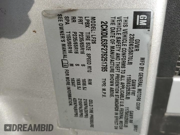2007 Pontiac Torrent z VIN 2CKDL63F276251785, wystawiony jako Copart lot #76025334 z przebiegiem 141 072 mil mil oraz Szkoda całkowita • Salvage title. Historia ofert i sprzedaży dostępna na DreamBid. Obrazek 16.