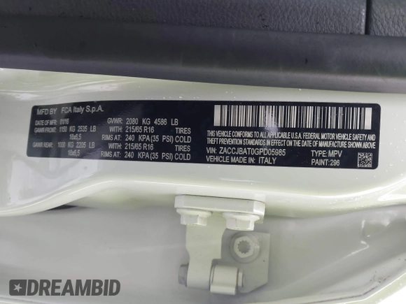2016 Jeep Renegade Sport with VIN ZACCJBAT0GPD05985, listed as a IAAI auction lot 41564300 with 31,707 mi miles and . Bid and sale history available at DreamBid. Image 9.