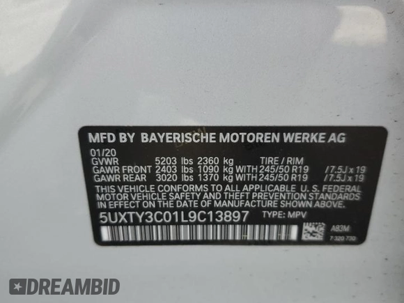 2020 BMW X3 sDrive30i with VIN 5UXTY3C01L9C13897, listed as a Copart auction lot 51967715 with Not Provided miles and Salvage Title. Bid and sale history available at DreamBid. Image 15.