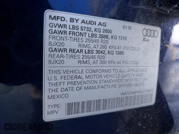 2018 Audi SQ5 Prestige with VIN WA1C4AFY9J2125812, listed as a Copart auction lot 83863484 with 87,142 mi miles and Salvage Title. Bid and sale history available at DreamBid. Image 13.