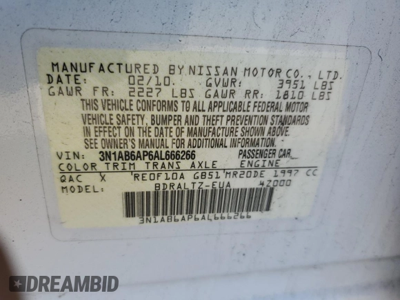 2010 Nissan Sentra SR with VIN 3N1AB6AP6AL666266, listed as a Copart auction lot 54720825 with 173,287 mi miles and Salvage Title. Bid and sale history available at DreamBid. Image 12.
