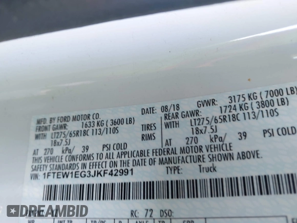 2018 Ford F-150 XL with VIN 1FTEW1EG3JKF42991, listed as a IAAI auction lot 41858937 with 74,872 mi miles. Bid and sale history available at carsss.com. Image 8.