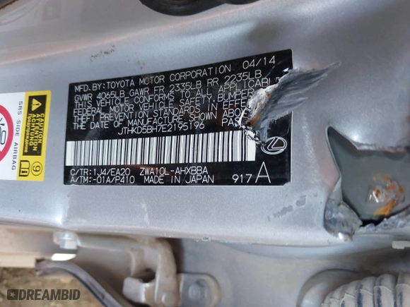 2014 Lexus CT 200h Hybrid with VIN JTHKD5BH7E2195196, listed as a IAAI auction lot 40800167 with 1 mi miles. Bid and sale history available at carsss.com. Image 9.