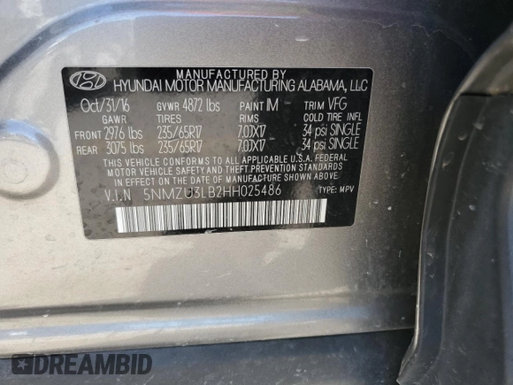 2017 Hyundai Santa Fe 2.4L z VIN 5NMZU3LB2HH025486, wystawiony jako Copart lot #58055185 z przebiegiem 120 364 mil mil oraz Szkoda całkowita • Salvage title. Historia ofert i sprzedaży dostępna na DreamBid. Obrazek 13.