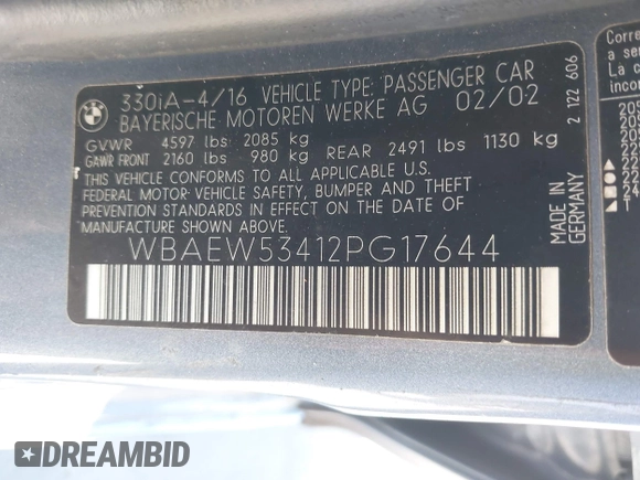 2002 BMW 3 Series 330xi with VIN WBAEW53412PG17644, listed as a IAAI auction lot 42597597 with 168,845 mi miles and . Bid and sale history available at DreamBid. Image 9.