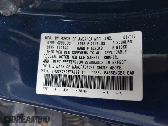 2015 Honda Accord Sedan LX with VIN 1HGCR2F36FA112161, listed as a IAAI auction lot 41985109 with 126,101 mi miles. Bid and sale history available at carsss.com. Image 9.