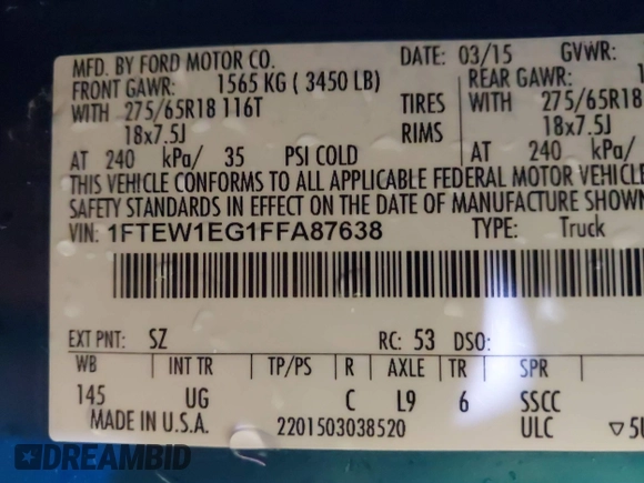 2015 Ford F-150 XLT with VIN 1FTEW1EG1FFA87638, listed as a IAAI auction lot 41597302 with 143,400 mi miles. Bid and sale history available at carsss.com. Image 9.